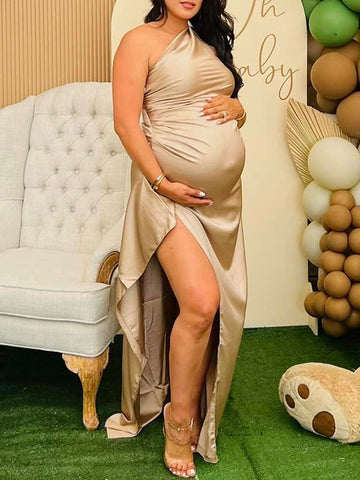 Champagne Gold One Shoulder Backless Side Slit Satin Evening Babyshower Maternity Maxi Dress Maternity